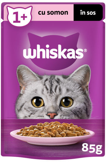 WHISKAS Plic hrana umeda pentru pisici Adulte, cu Somon in sos 85g