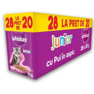 WHISKAS Plic JUNIOR hrana umeda pentru pisicute, cu Pui in aspic 28x85g, 20+8 GR
