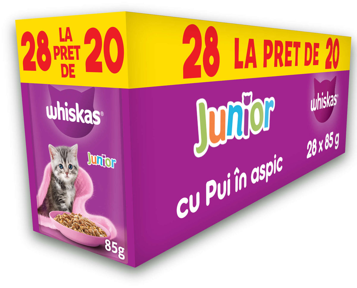 WHISKAS Plic JUNIOR hrana umeda pentru pisicute, cu Pui in aspic 28x85g, 20+8 GR