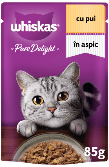 WHISKAS Pure Delight Plic hrana umeda pentru pisici Adulte, cu Pui in aspic 85g