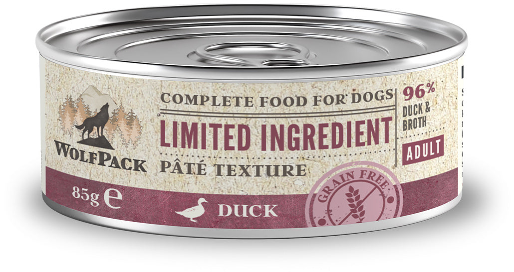WOLFPACK Conserva pentru caini, cu numar limitat de ingrediente, Rata 85g