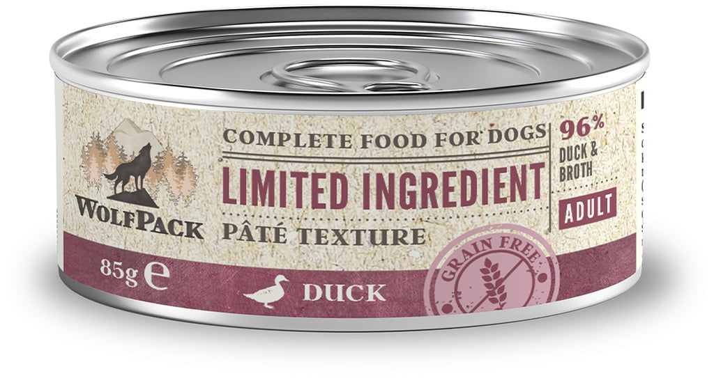 WOLFPACK Conserva pentru caini, cu numar limitat de ingrediente, Rata 85g