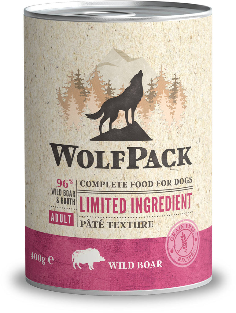 WOLFPACK Conserva pt. caini, cu numar limitat de ingrediente, Porc mistreţ 400g