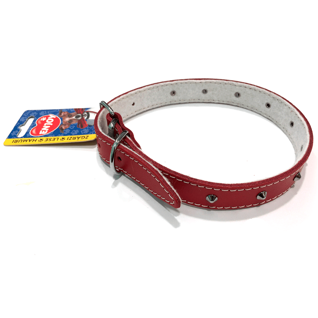 Zgarda reglabila din piele cu tinte Enjoy M Rosu 14x400mm - Animax